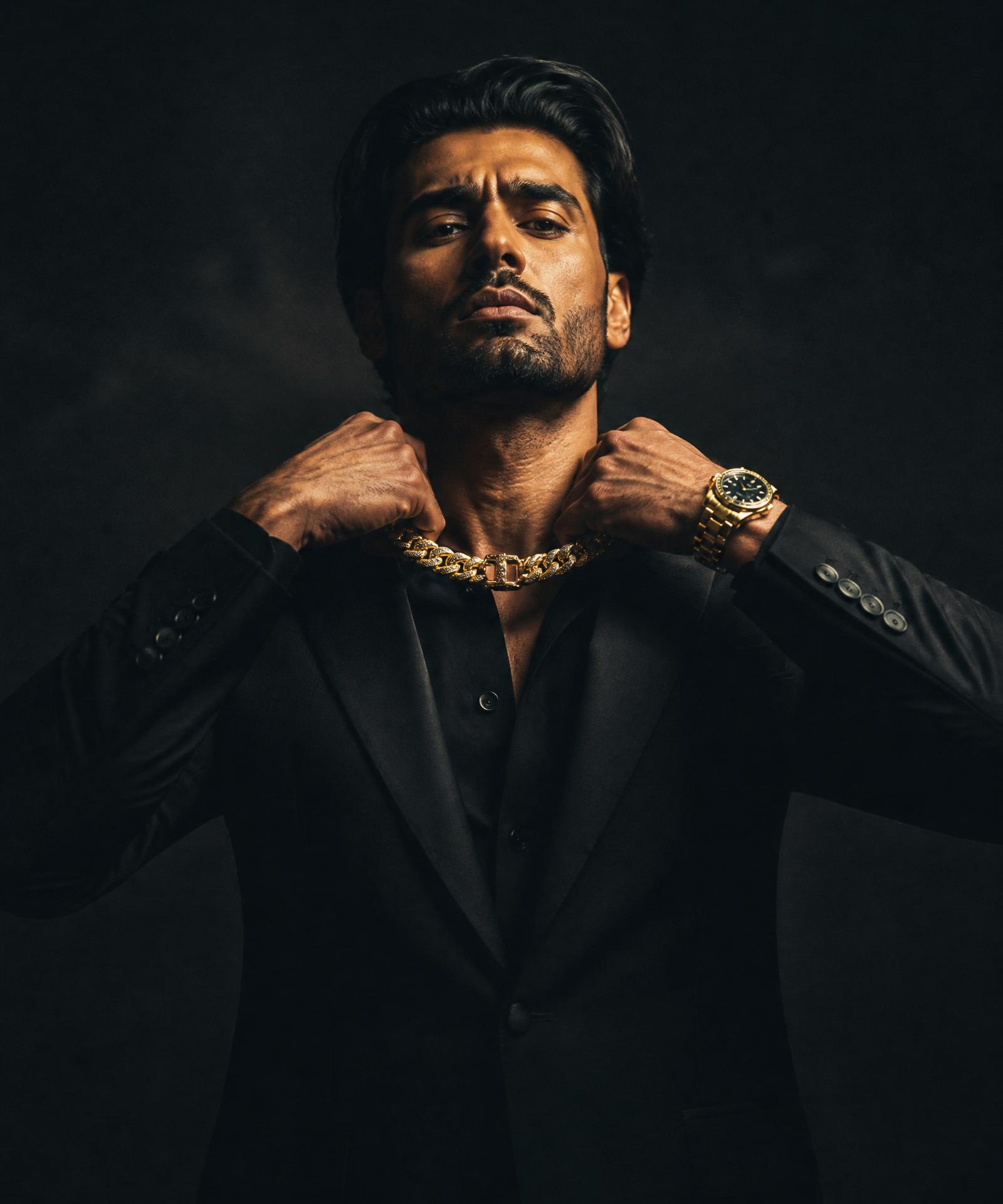 Man in dark suit clasping a custom gold chain