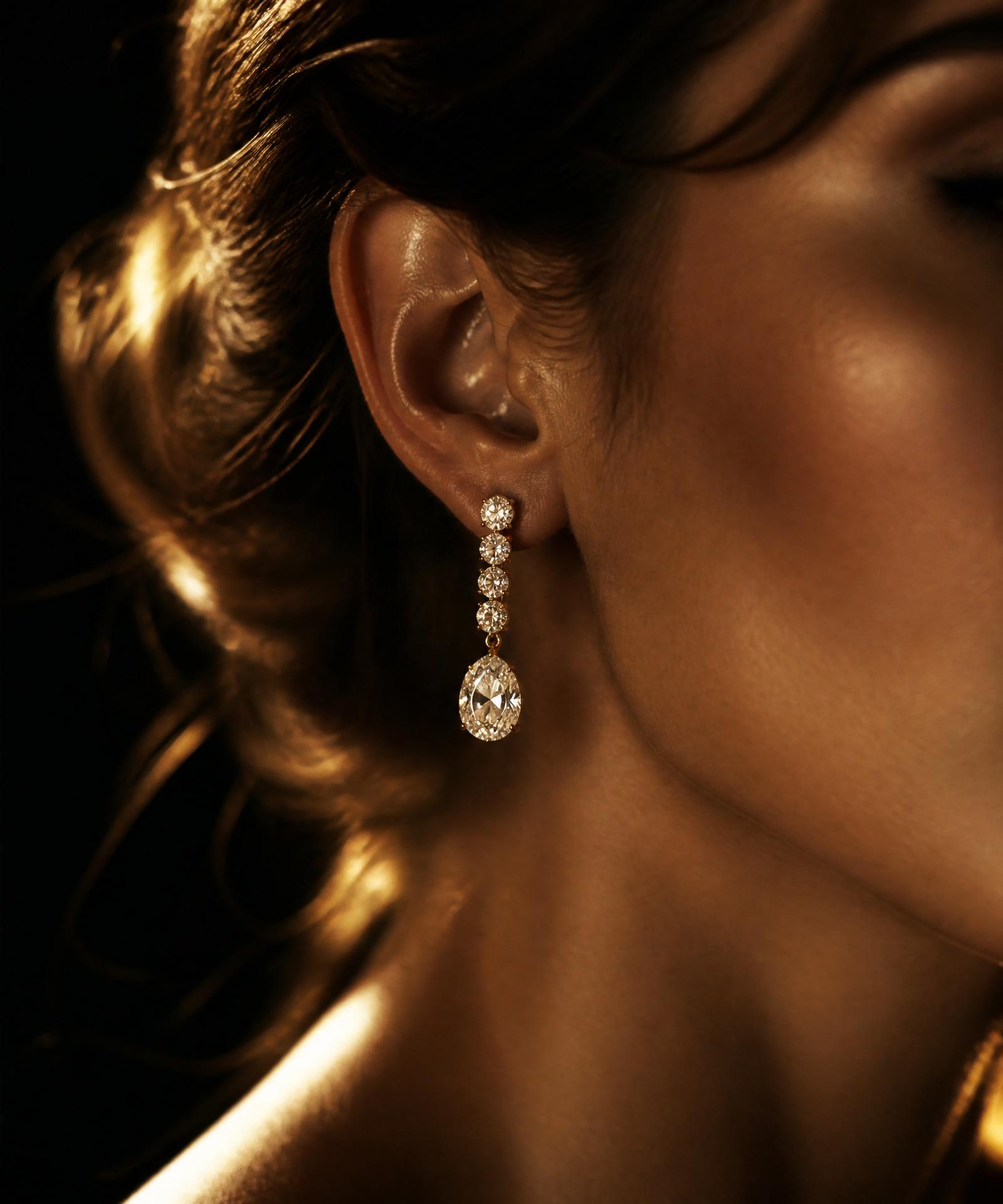 Diamond drop earring on ear